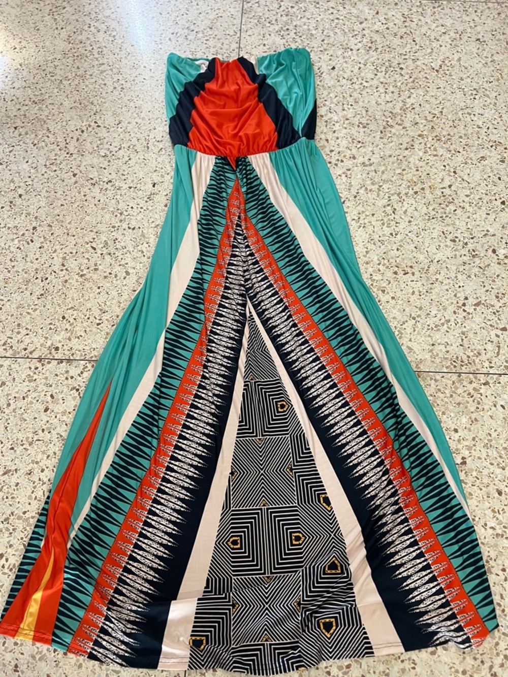 Yahada Strapless Maxi Dress in Teal, Coral & Black